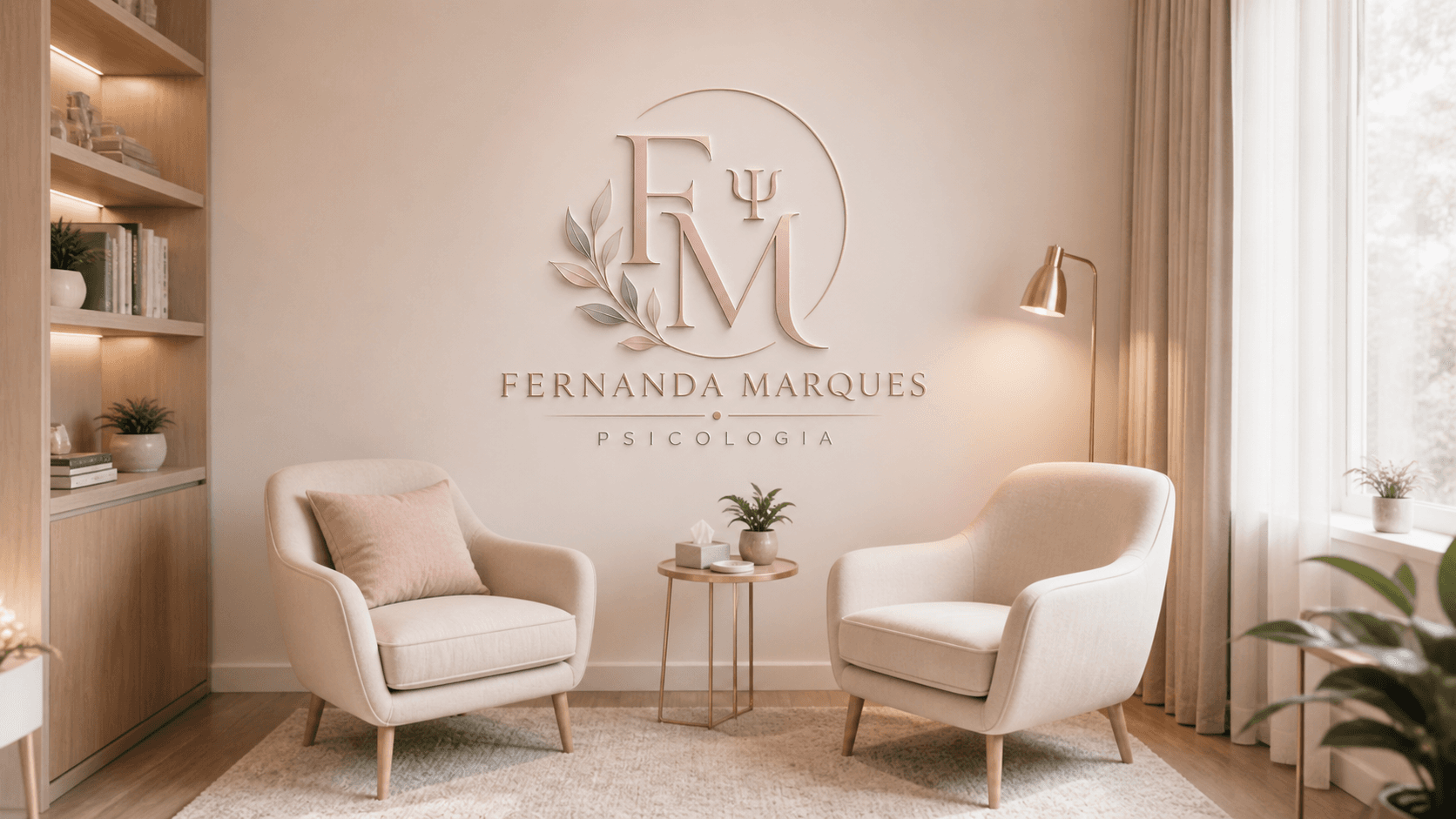 Ambiente acolhedor de atendimento psicológico com a identidade Fernanda Marques